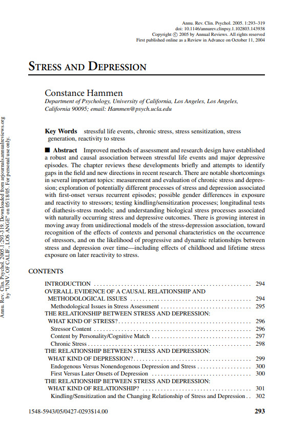 Stress and Depression. Annual Review of Clinical Psychology. 2005
